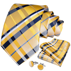 2023 New Classic Yellow Striped Plaid Silk Ties For Men Handkerchief Cufflinks Brooch Pin Wedding Accessories Men Gift Dropship - SHOWLU FASHION STORE