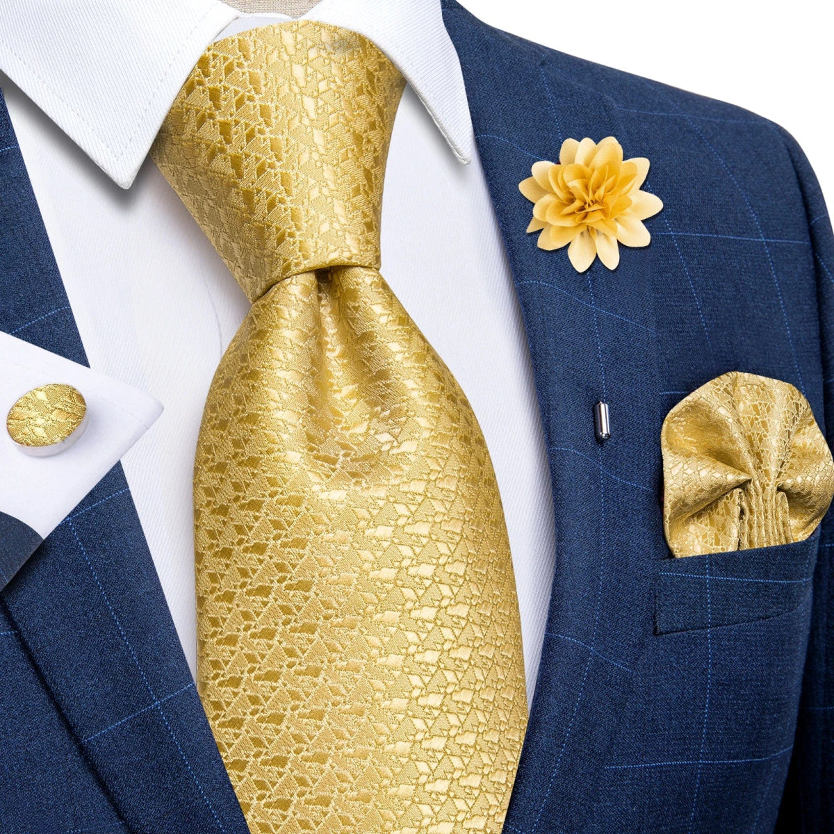 2023 New Classic Yellow Striped Plaid Silk Ties For Men Handkerchief Cufflinks Brooch Pin Wedding Accessories Men Gift Dropship - SHOWLU FASHION STORE