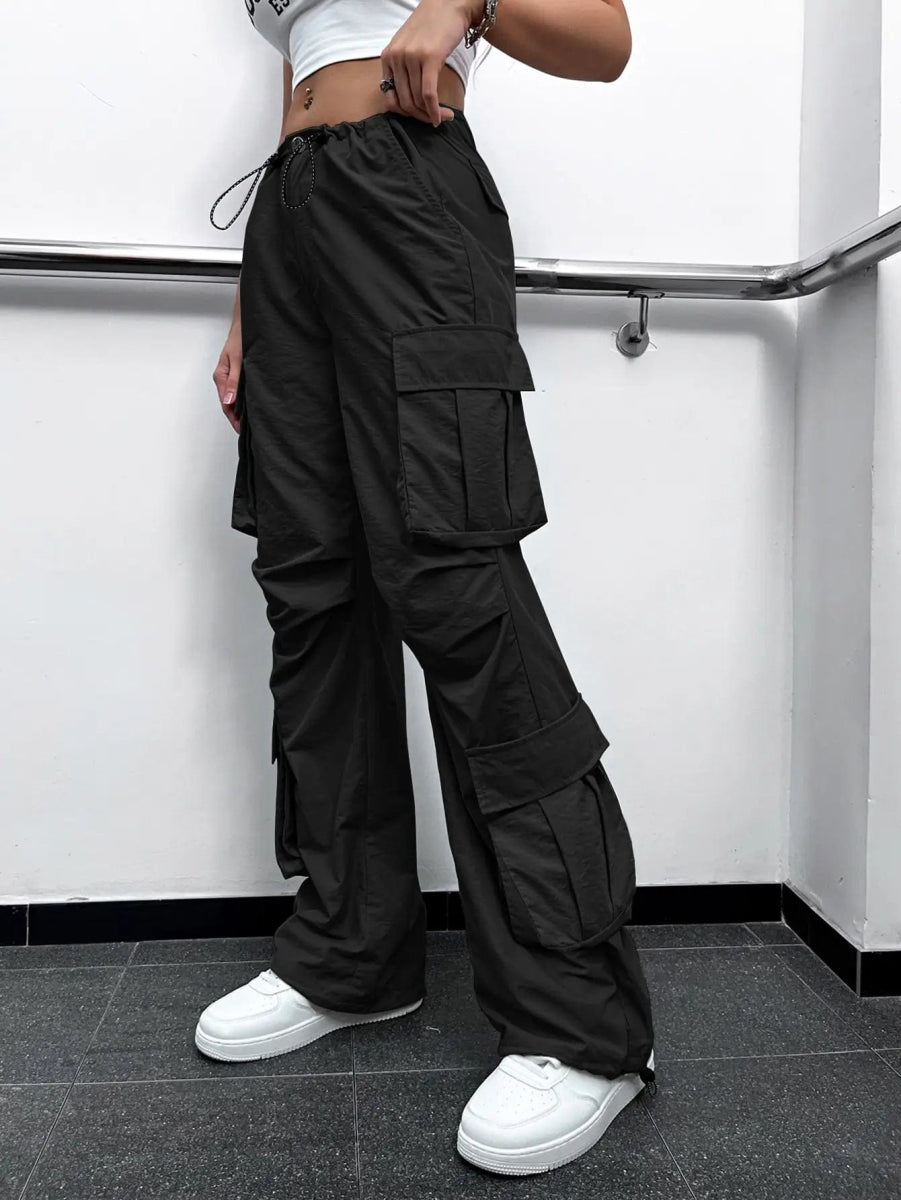 2023 Trendy Women Wide Leg Cargo Pants Street Vibes Flap Pockets Drawstring Ruched High Waist Parachute Pants Mujer - SHOWLU FASHION STORE