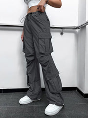 2023 Trendy Women Wide Leg Cargo Pants Street Vibes Flap Pockets Drawstring Ruched High Waist Parachute Pants Mujer - SHOWLU FASHION STORE