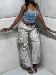 2023 Trendy Women Wide Leg Cargo Pants Street Vibes Flap Pockets Drawstring Ruched High Waist Parachute Pants Mujer - SHOWLU FASHION STORE