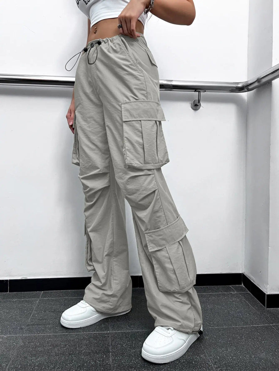 2023 Trendy Women Wide Leg Cargo Pants Street Vibes Flap Pockets Drawstring Ruched High Waist Parachute Pants Mujer - SHOWLU FASHION STORE