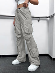 2023 Trendy Women Wide Leg Cargo Pants Street Vibes Flap Pockets Drawstring Ruched High Waist Parachute Pants Mujer - SHOWLU FASHION STORE