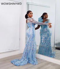 2024 Aso Ebi Sky Blue Mermaid Prom Dresses Beaded Sequined Evening Formal Party Second Engagement Birthday Gowns Dresses ZJ120 - SHOWLU FASHION STORE