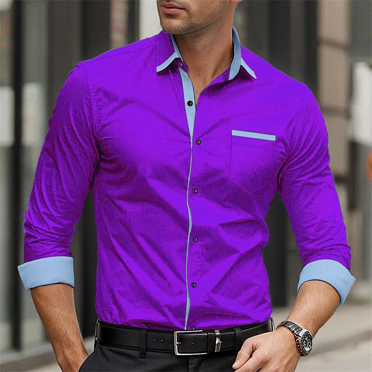 2024 New Men's Shirt Solid Color Splicing Printed Collar Shirt Fashion Business Casual Men's Long Sleeve Street Top 6XL - SHOWLU FASHION STORE