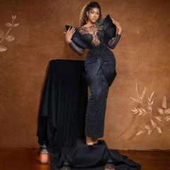 2024 Sexy African Evening Dresses for Women Mermaid Black Lace Prom Gowns Off Shoulder Aso Ebi Wedding Dress robes de soirée - SHOWLU FASHION STORE