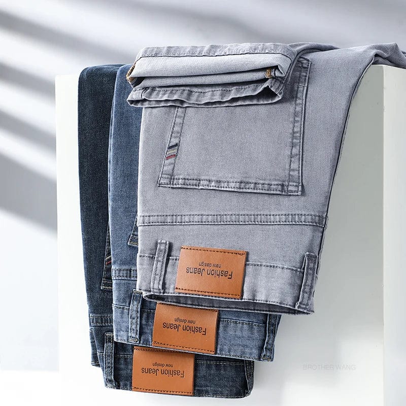 2024 Summer Thin Men's Elastic Cotton Jeans Fashion Gray Comfortable Business Straight Casual Pants High Quality Brand Trousers - SHOWLU FASHION STORE