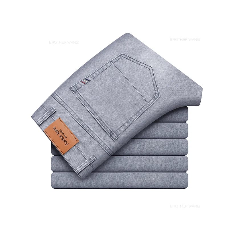 2024 Summer Thin Men's Elastic Cotton Jeans Fashion Gray Comfortable Business Straight Casual Pants High Quality Brand Trousers - SHOWLU FASHION STORE