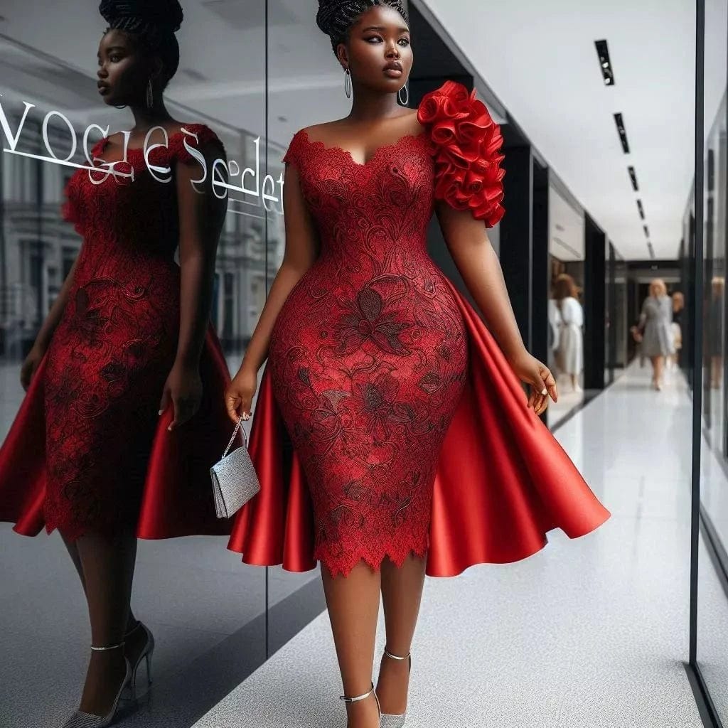 2025 New Arrival Red Short Prom Dresses Aso Ebi Plus Size Nigerian Wedding Dress Black Lace Knee Length Women Party Dress W - SHOWLU FASHION STORE