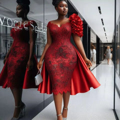 2025 New Arrival Red Short Prom Dresses Aso Ebi Plus Size Nigerian Wedding Dress Black Lace Knee Length Women Party Dress W - SHOWLU FASHION STORE