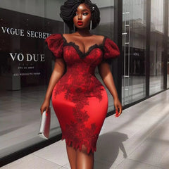 2025 New Arrival Red Short Prom Dresses Aso Ebi Plus Size Nigerian Wedding Dress Black Lace Knee Length Women Party Dress W - SHOWLU FASHION STORE