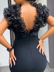 Plus Size - Elegant Black Bodycon Dress with Ruffled Sleeves and Lace Detail - Sleeveless V-Neck, Stretchy Fabric, Perfect for All Seasons, Allseason Dress | Ruffled Sleeve Dress | Lace Detailing, Plus Size Dress