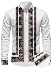 Men'S Long Sleeve Ethnic Style Shirt - Vibrant Turquoise with Black & Golden Floral Pattern, Button-Up Collar, Non-Stretch Fabric, Perfect for Spring/Fall Casual Wear, Spring Fashion Shirt | Floral Pattern Shirt | Nonstretch