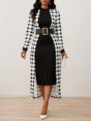 Elegant Women'S Houndstooth Long Sleeve Maxi Dress - Black & White, Knee-Length with Flowing Cape, Perfect for Spring, Formal or Casual Occasions, Formal Attire|Flowing Cape Design|Polyester Fabri