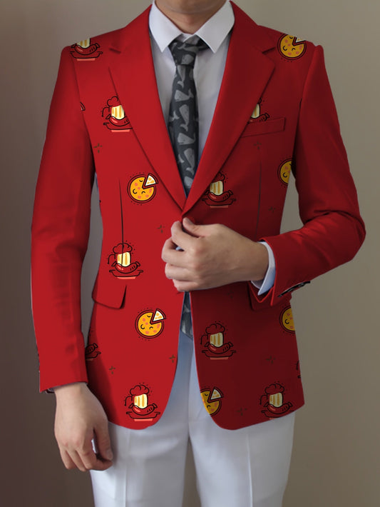 Men'S Casual Food Cartoon Pattern Suit, Polyester 95% Elastane 5%, All-Season Lapel Collar Blazer with Button Details, Regular Fit Woven Fabric SHOWLU FASHION STORE