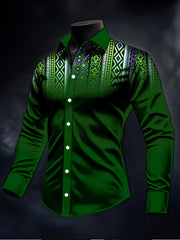 Men's Dark Green Ethnic-Style Long Sleeve Shirt with Colorful Geometric Print - Regular Fit Button-Up Casual Shirt, Machine Washable All-Season Top for Adults, Versatile Clothing, Exotic Design, Digital Print, Printed Blouse,