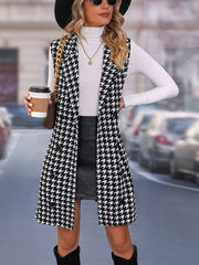 Chic and Comfortable Houndstooth Pattern Long Vest, Polyester Knit Fabric, Lapel Collar, Sleeveless Design for All Seasons