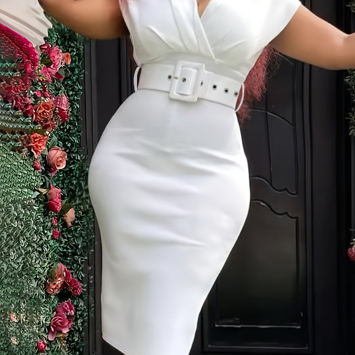 Women's Elegant V-Neck Belted Bodycon Pencil Skirt - Mid-Stretch Machine-Washable Solid Color Skirt for Spring/Fall, Office to Party Wear, Formal Event Attire, Sophisticated Design