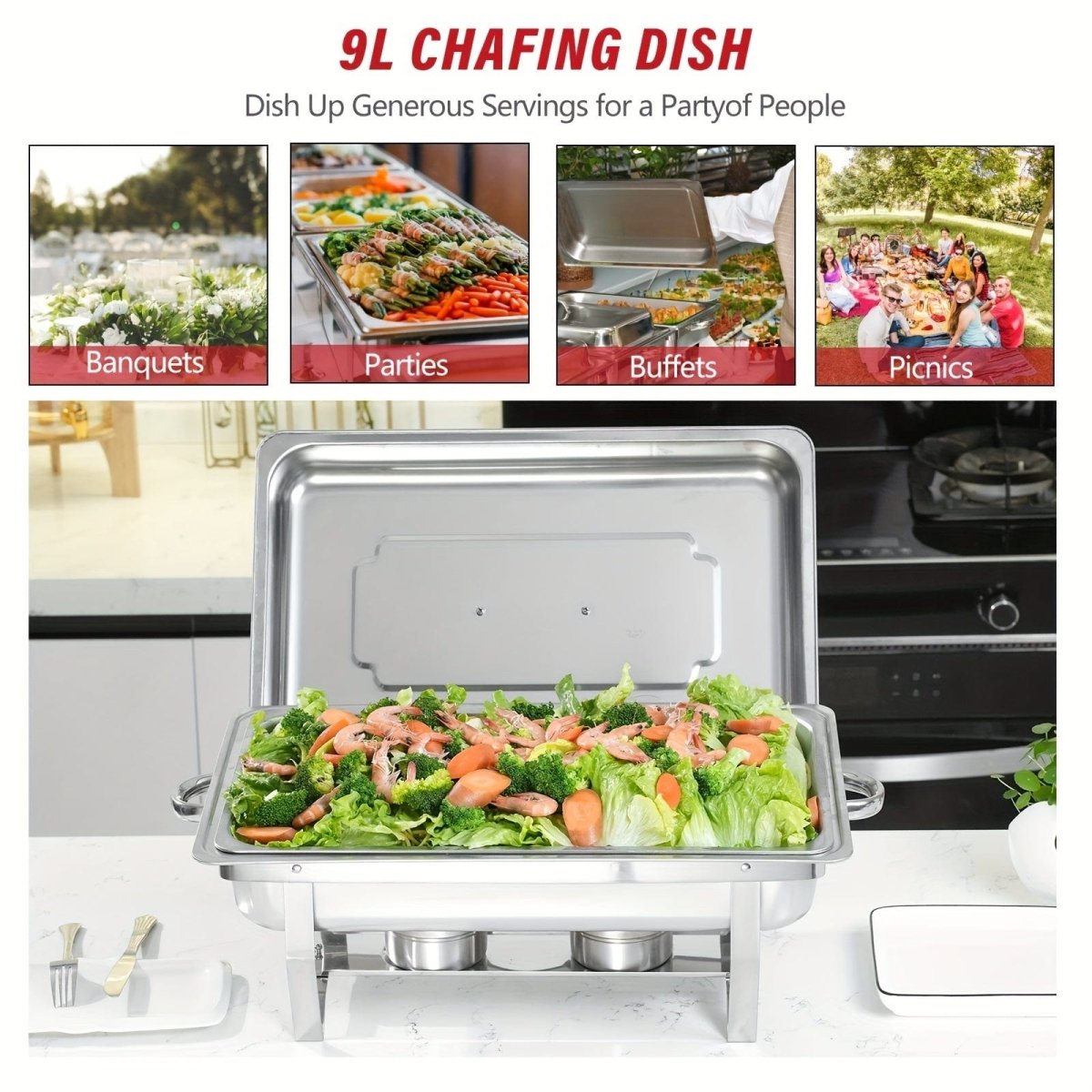 2/4/5/6/8/10packs Stainless Steel Chafing Dish Set 8QT, Premium Rectangle Buffet Food Warmer With Lids, Durable Pans & Fuel Holders - Perfect For Elegant Restaurant Catering, Parties, And Weddings Events - SHOWLU FASHION STORE