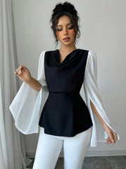 Women'S Elegant Black & White Pleated Waist Long Sleeve Top with Asymmetrical Hem - Chic Polyester Blend, All-Season Versatile Blouse for Casual or Formal Wear, Formal Attire | Asymmetrical Hem Top | Polyester Blend