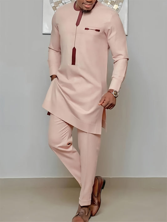 African Ethnic Style Men'S Casual Suit with Print Shirt, Slit Pants, and Drawstring Waist 2pcs Set