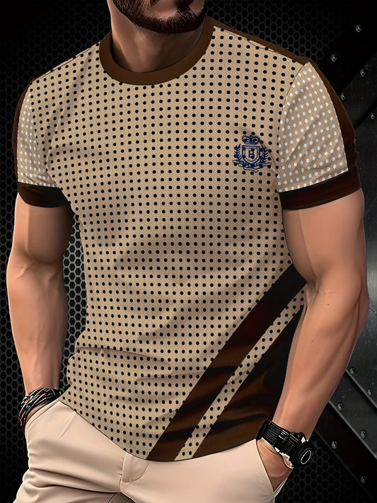 [Trendy T-Shirt] Comfortable Breathable Men's Polka Dot Short Sleeve T-Shirt | Regular Fit All-Season Casual Top with Contrast Brown Accents, Machine Washable, Trendy Urban Style, Durable Casualwear