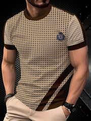 [Trendy T-Shirt] Comfortable Breathable Men's Polka Dot Short Sleeve T-Shirt | Regular Fit All-Season Casual Top with Contrast Brown Accents, Machine Washable, Trendy Urban Style, Durable Casualwear
