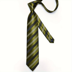 Men's Green Striped Silk Tie Set with Pocket Square, Hanky, and Cufflinks - Herringbone Pattern, Ideal for Weddings and Formal Events