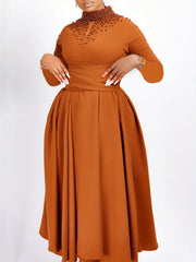 Plus Size Women's Elegant Beaded Turtleneck Bodycon Dress - Vibrant Red Long Sleeve Floor-Length Gown for Spring/Summer, Machine Washable Formal & Casual Occasion Dress, Spring Fashion Wear, Autumn Elegance Wear, Sophisticate