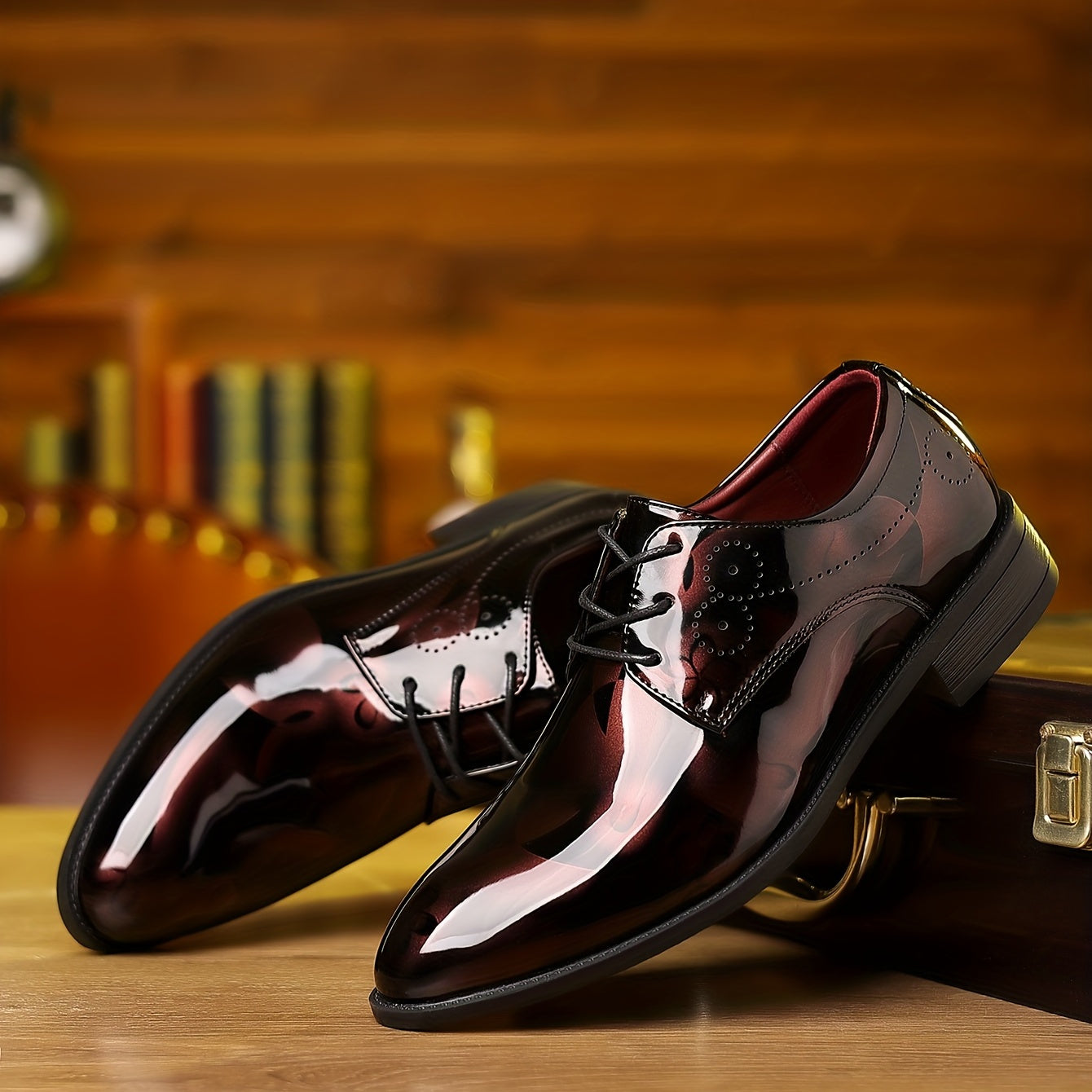 Men's Classic Lace-Up Dress Shoes - Glossy Wingtip Oxfords, Black, Formal & Casual Wear for Outdoor Events SHOWLU FASHION STORE