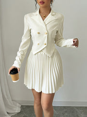 Women's elegant solid color notched lapel, double breasted suit jacket, pleated mini skirt, 2025 new version elegant suit
