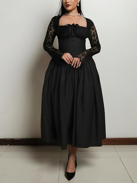 Elegant Lace Stitching Square Neck Large Skirt Button Long Sleeve Dress Ladies Long Party Commuter Dress Dress