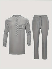 2024 Autumn New, Dashiki Men'S Set, Long Sleeve Top, Chest Embroidery, Hidden Button, Pocket, Round Neck, Split Hem, Elastic Pants, African Clothing, Men'S Casual Shirt and Trousers 2pcs Set, Four Seasons New 1 Set, Street St