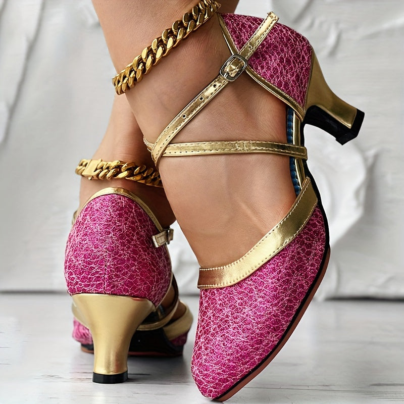 Women's Glitter D'Orsay Latin Dance Shoes, Crisscross Buckle Strap Chunky Mid Heels, All-Match Dress Dance Pumps SHOWLU FASHION STORE