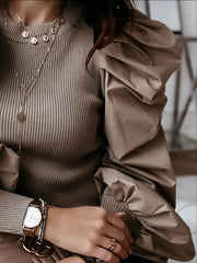 Women'S Black Ribbed Blouse with Puff Sleeves & Round Neck - Stylish Layering Piece for Casual or Formal Outfits, Allseason Top | Ribbed Texture Top | Construction, Ladies Blouses