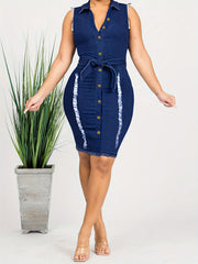 Women's Sleeveless Denim Bodycon Midi Dress - Sexy V-Neck with Front Button Closure, Raw Trim Detail & Stretchy Comfort Fit, Machine Washable All-Season Casual to Evening Dress in Blue, Weekend Wear, Comfortable Fit, Trendy W