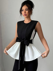 Elegant Women'S Sleeveless Crop Top Blouse with Front Tie - Black & White, Slim Fit, Round Neck, Perfect for Spring and Summer Office or Casual Wear, Spring Fashion | Sleeveless Crop Top | Stylish Bow Detail