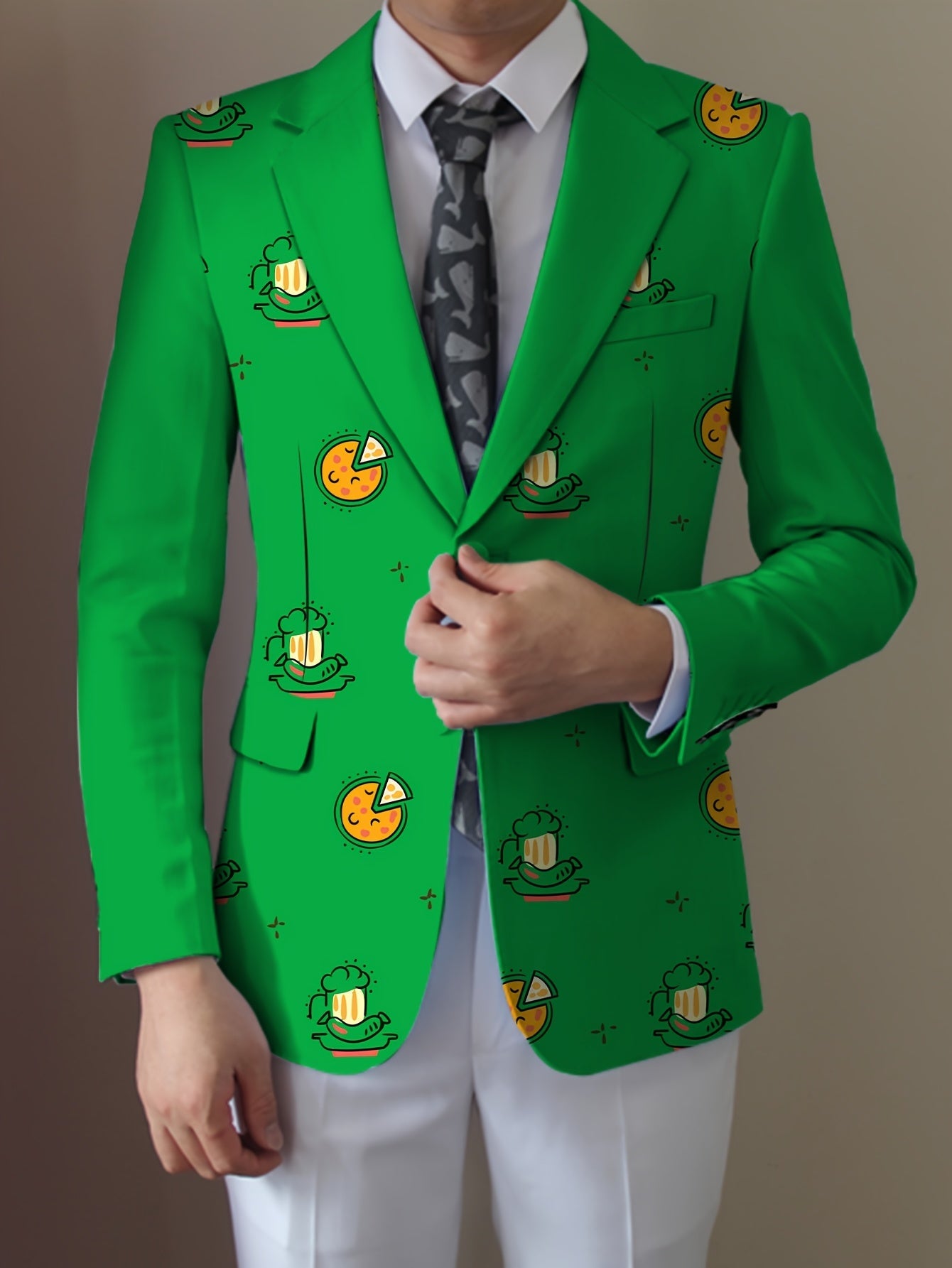 Men'S Casual Food Cartoon Pattern Suit, Polyester 95% Elastane 5%, All-Season Lapel Collar Blazer with Button Details, Regular Fit Woven Fabric SHOWLU FASHION STORE