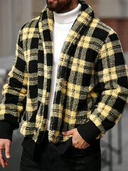 Men'S Plush Jacket - Black & Yellow Checkered Coat, Soft Thermal Insulation Lightweight Outerwear for Fall/Winter, Minimalist Formal & Everyday Blazers, Easy-Care Non-Lined Design, Fall Fashion, Classic Collar, Durable Constr