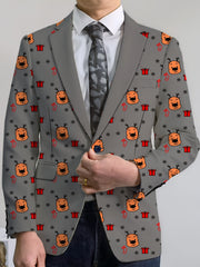 Men's Playful Cartoon Face & Stripes Blazer - Casual Polyester & Elastane, Button-Up with Notch Lapel, Non-Transparent, All-Season, Easy Care Hand or Dry Clean Only, Comfortable Suit|Stylish Suit|Structured Fit SHOWLU FASHION STORE