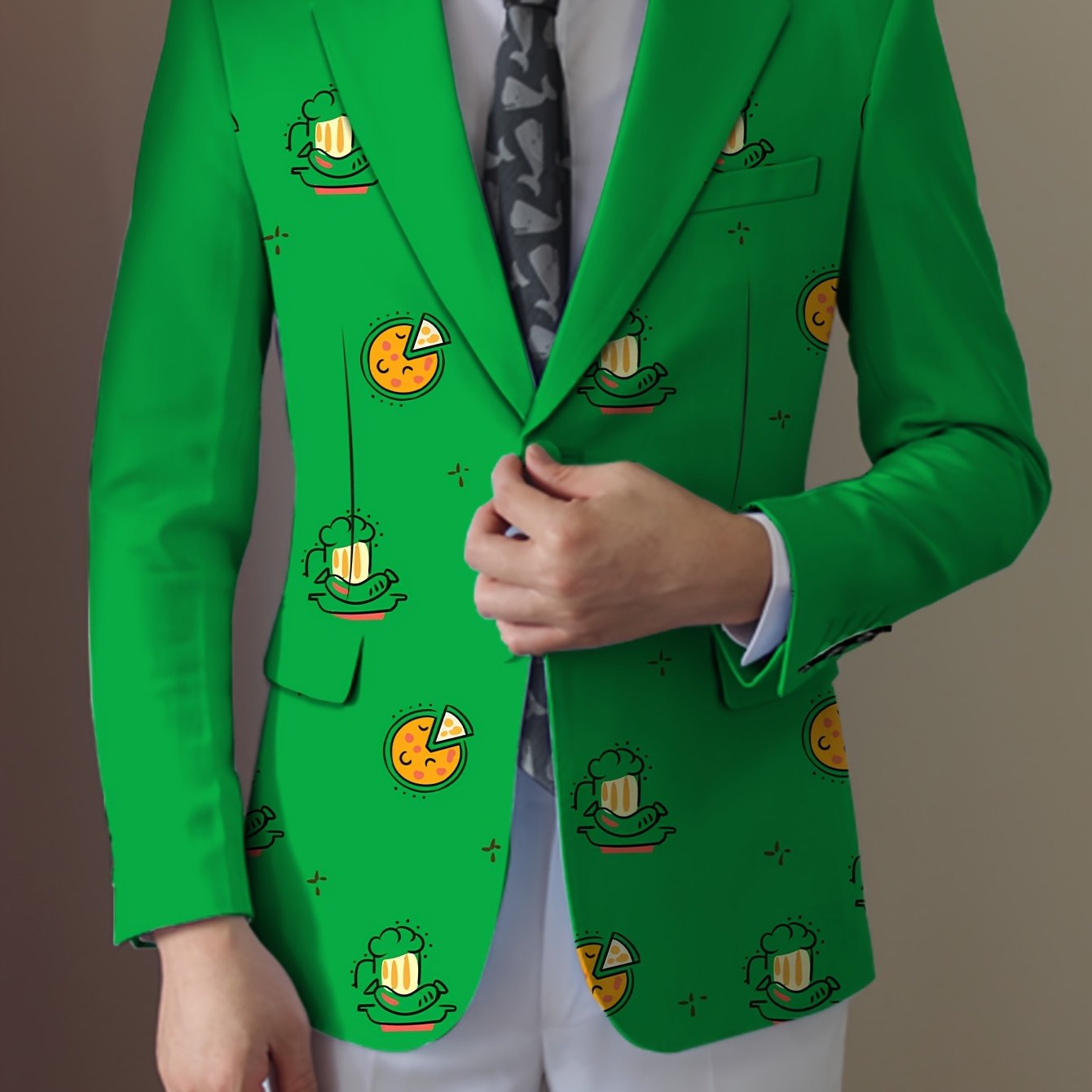 Men'S Casual Food Cartoon Pattern Suit, Polyester 95% Elastane 5%, All-Season Lapel Collar Blazer with Button Details, Regular Fit Woven Fabric SHOWLU FASHION STORE