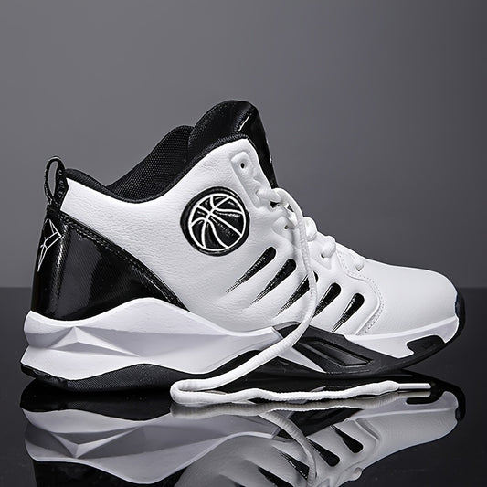 Men's High-Top Basketball Shoes - Stylish & Sporty, Breathable Synthetic Faux Leather with Non-Slip Rubber Sole, Comfortable for Daily Wear & Athletic Activities, Black & Red with Basketball Emblem, Basketball Accessories