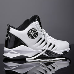 Men's High-Top Basketball Shoes - Stylish & Sporty, Breathable Synthetic Faux Leather with Non-Slip Rubber Sole, Comfortable for Daily Wear & Athletic Activities, Black & Red with Basketball Emblem, Basketball Accessories