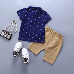 2PCS Baby Set Cute Kids Boys Clothes Summer Random Print Boat Anchor Pattern Short Sleeve Shorts Set For 1 - 5Years - SHOWLU FASHION STORE