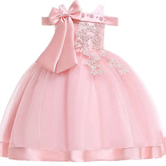 Showlu Fashion Store 0 6T 130 / peach pink 3-10 Years Kids Christmas Party Dresses For Girls Appliques Flower Elegant Wedding Dress With Bow Children Birthday Prom Gown