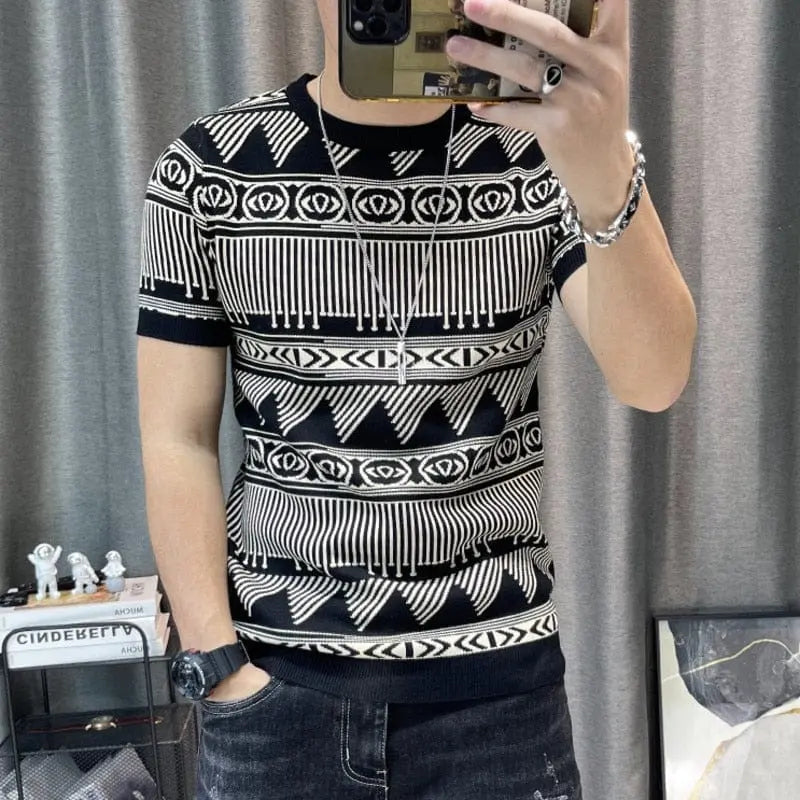Showlu Fashion Store 0 Black 103 / US EU XXS(52kg)Tag M 3 Color Short Sleeve Knitting T-Shirt Men Slim Streetwear Color Contrast T Shirt Men Tee Shirt Homme Social Club Outfits Tshirt