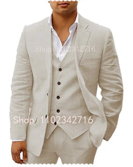 3 Piece Linen Summer Men Suits for Wedding Groom Tuxedos 2023 Casual Beach Custom Man Suit Set Jacket Vest with Pants Man Fahion - SHOWLU FASHION STORE