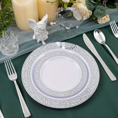 300Pcs Plastic tableware - Silver&Rose Gold&Gold Plastic Dinnerware for 50 Guests - Plastic Plates Disposable Include:50 Silver Dinner Plates, 50 Dessert Plates, 50 knife, fork and spoon, 50 Cups for Wedding and any party. - SHOWLU FASHION STORE
