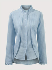 Women's Elegant Long Sleeve Blouse with Puffed Shoulders & Ruffled Cuffs - Semi-Sheer Textured Button-Up Shirt, Stack Neck Non-Stretch Top for Spring Summer Fall, Machine Washable, Seasonal Fashion, Pileated Collar, Flowing F