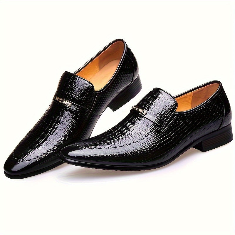 [Crocodile Oxford Loafers] Crocodile-Embossed Men's Black Oxford Loafers - Slip-On Dress Shoes with Golden-Tone Metallic Emblem - Comfortable Rubber Sole for Casual Business Formal Occasions SHOWLU FASHION STORE